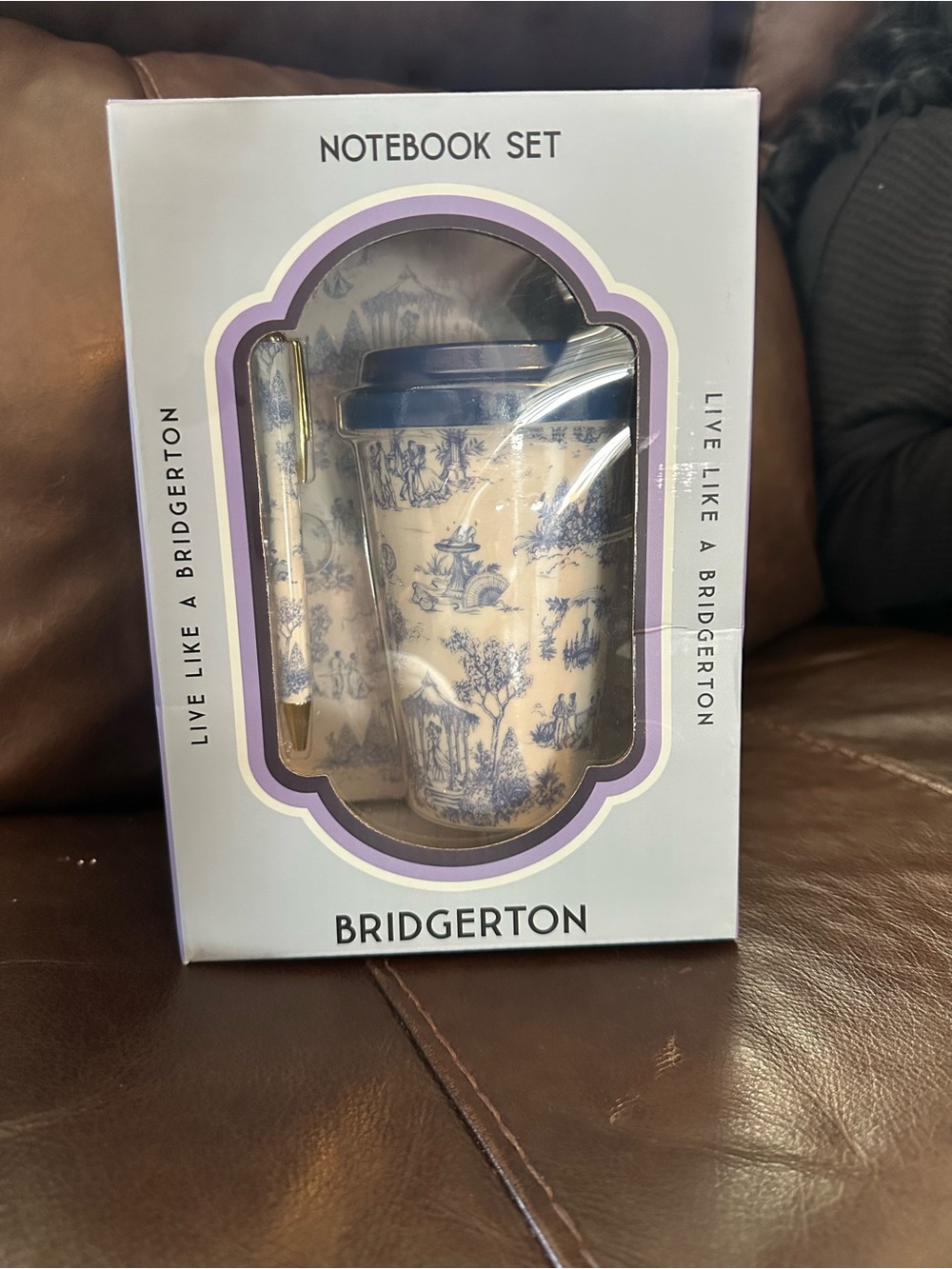 Bridgerton Blue Toile Notebook Set with Travel Mug & Pen